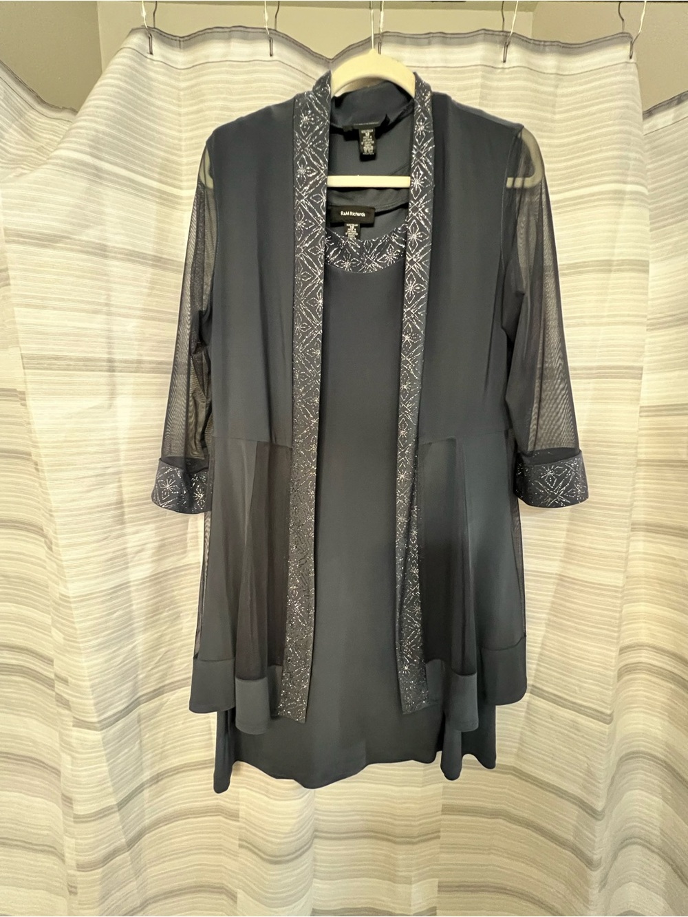 R&M Richards Charcoal Gray Mesh Overlay Dress Set with Embellished Trim